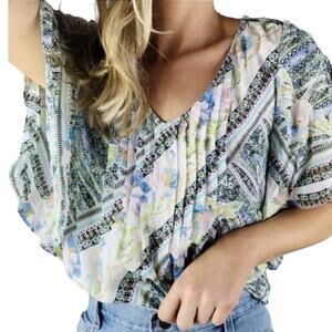 ANTHROPOLOGIE Blue Floral Open Sleeve Pleated Blouse by MAEVE ~ Women's Size 6